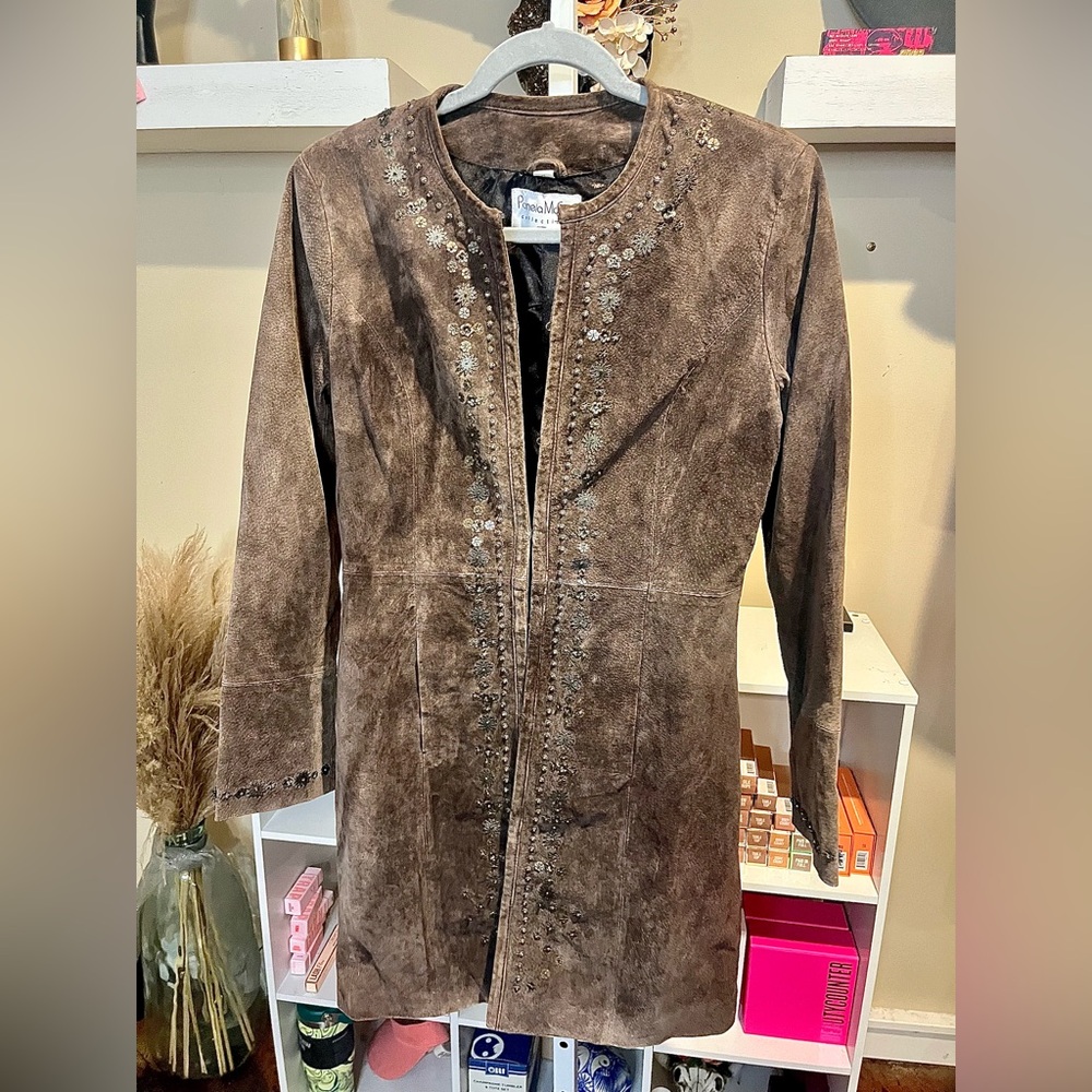 Pamela McCoy Brown Suede Embellished 3/4 Length Jacket with Bronze Beading